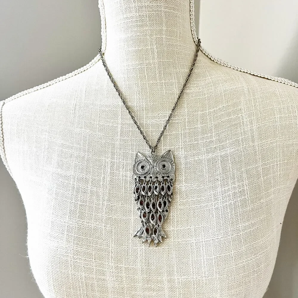 Vintage Articulated Owl with Moving Feathers & Amber Colored Stones